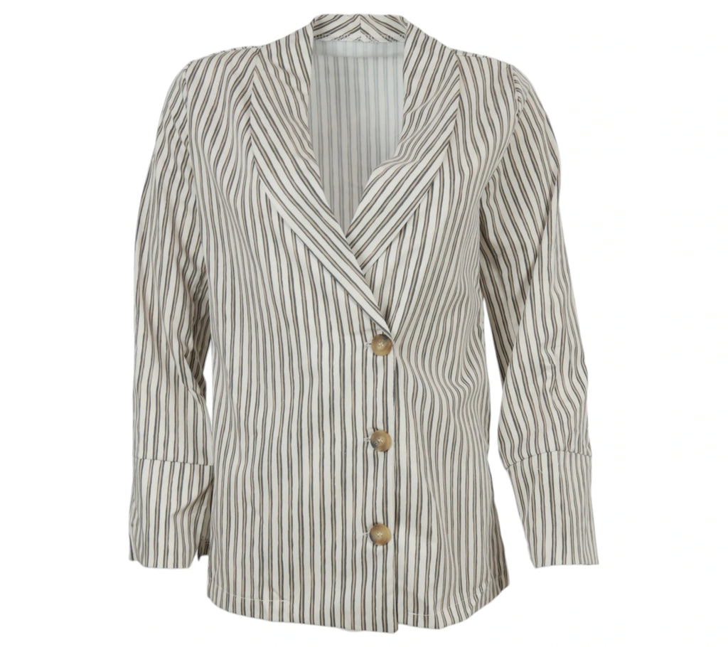 Blazer de rayas beige y negro con botones frontales para mujer