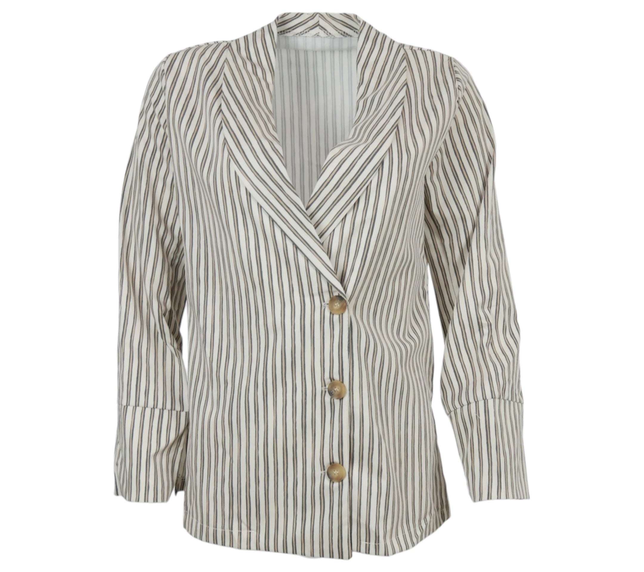 Blazer de rayas beige y negro con botones frontales para mujer