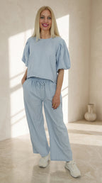 Pantalón vichy celeste mujer con top vichy de marga corta de la misma tela