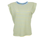 camiseta rayas celeste y amarillo mujer hombro marcado