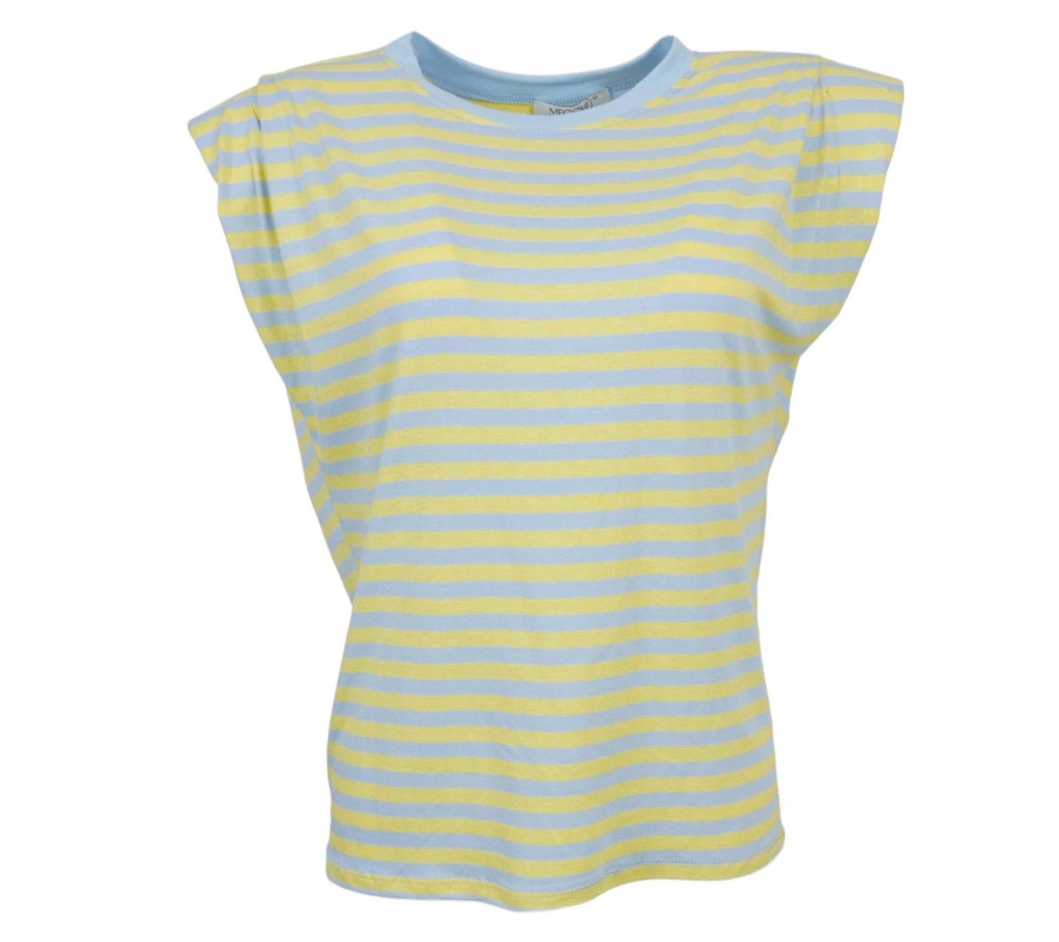 camiseta rayas celeste y amarillo mujer hombro marcado