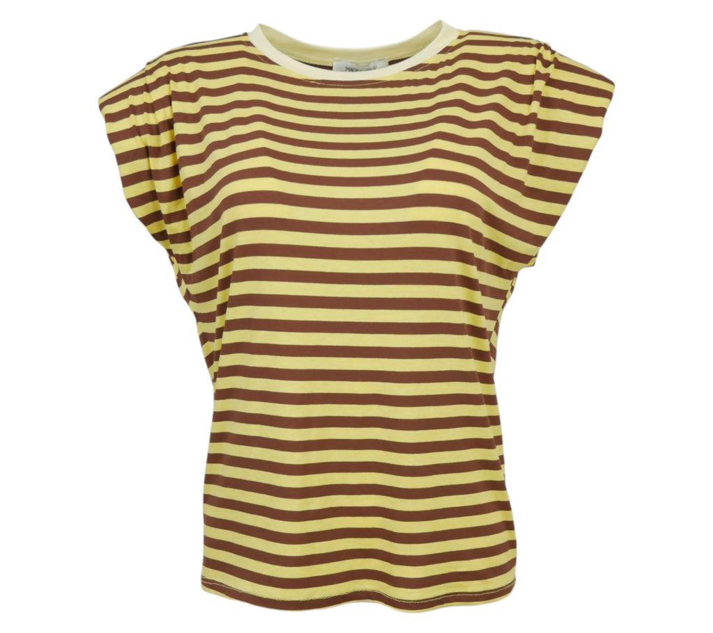 camiseta rayas marrón y amarillo mujer tendencia