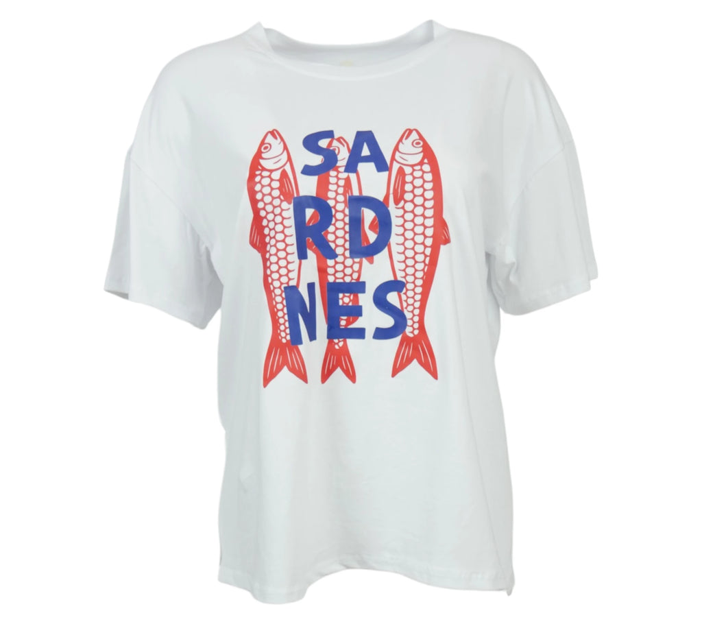 Camiseta blanca estampado sardinas mujer