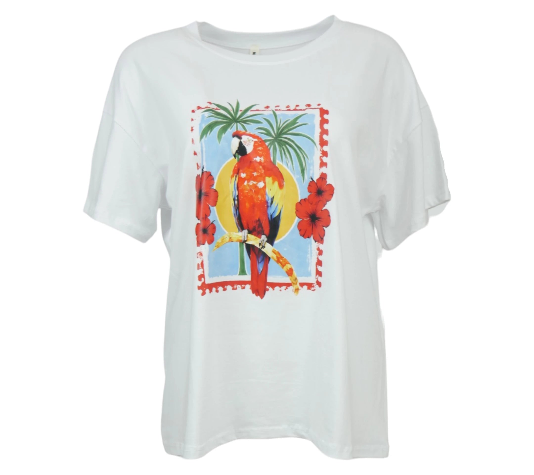 Camiseta blanca con estampado de loro tropical