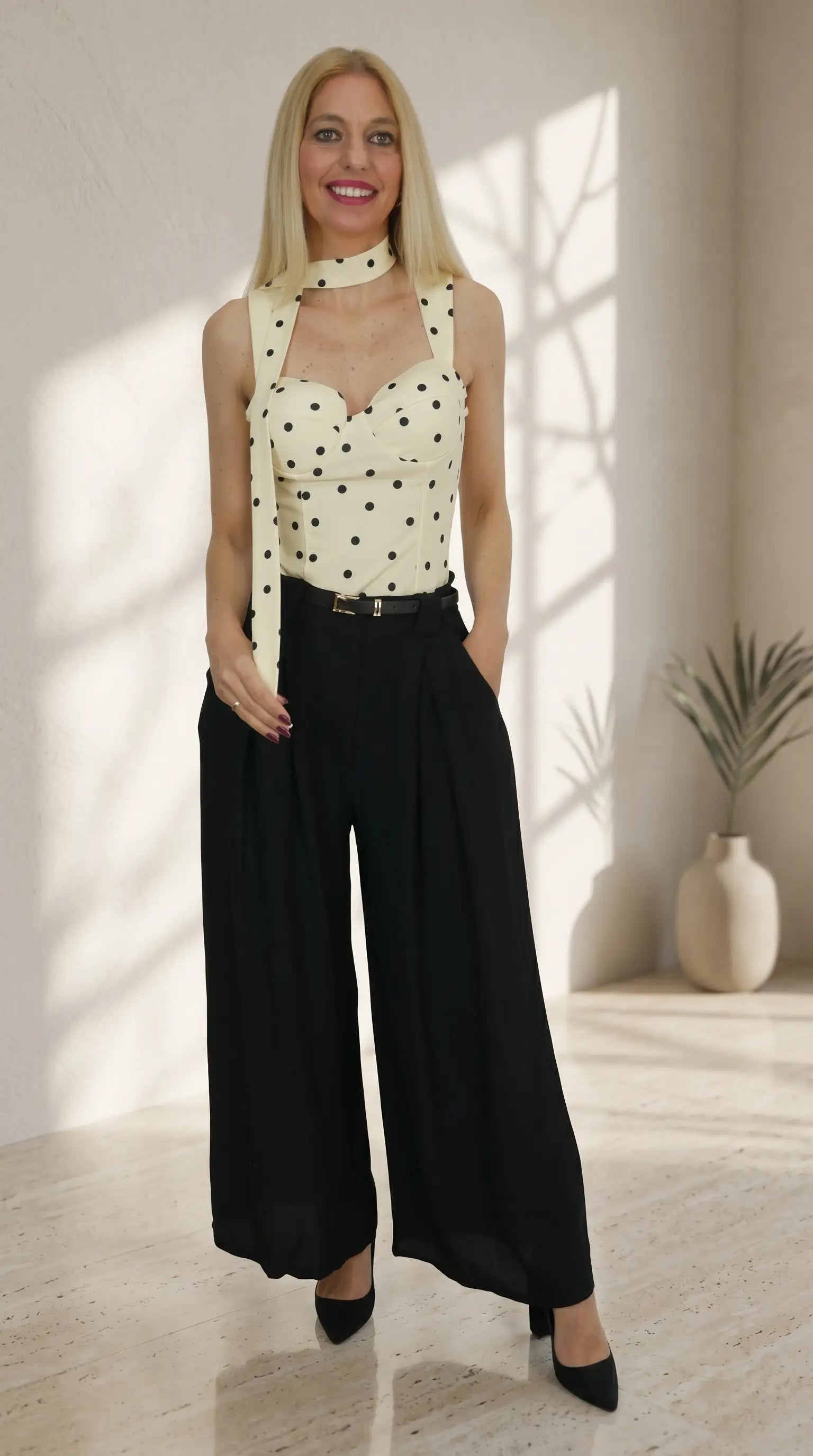 Top negro lunares escote corazón mujer amarrillo con pantaon negro