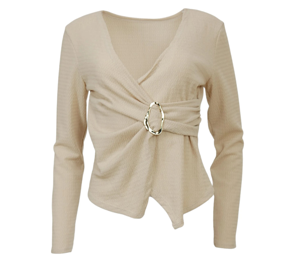 conjunto mujer beige top cruzado hebilla pantalon recto
