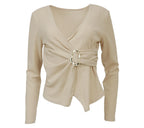 conjunto mujer beige top cruzado hebilla pantalon recto