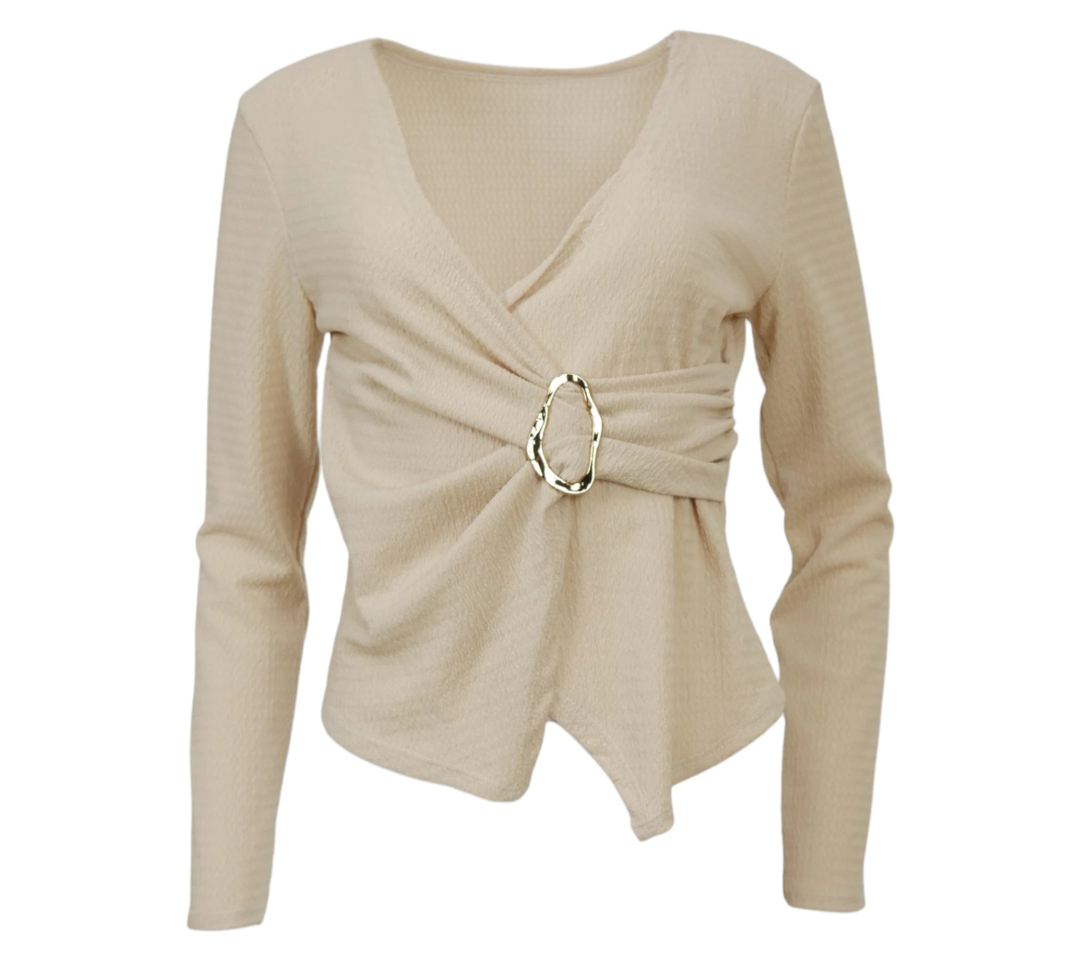 conjunto mujer beige top cruzado hebilla pantalon recto