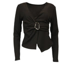 conjunto mujer marron top hebilla y pantalon fluido