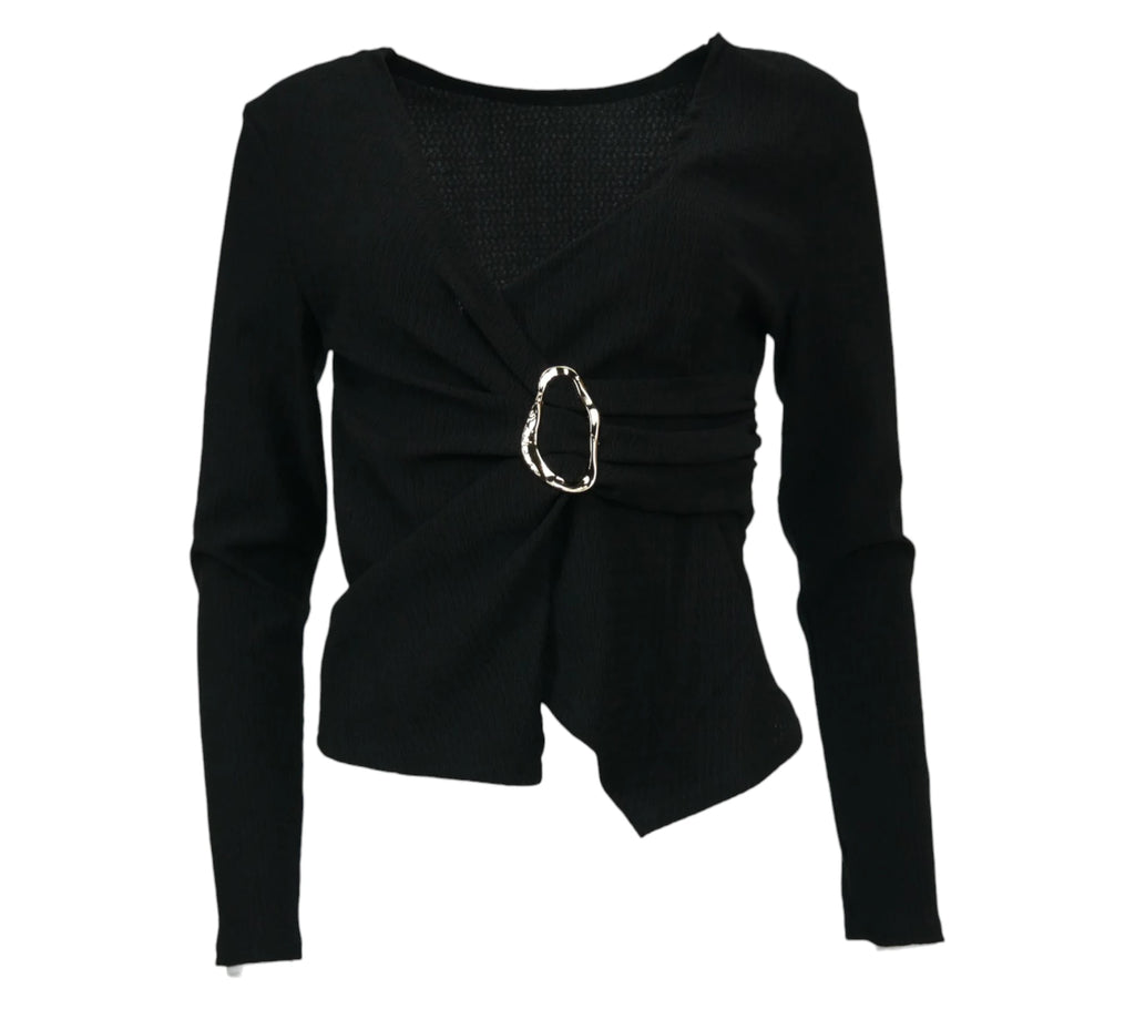 conjunto negro mujer top hebilla y pantalon recto