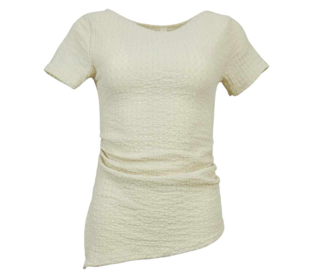 top fruncido beige mujer manga corta