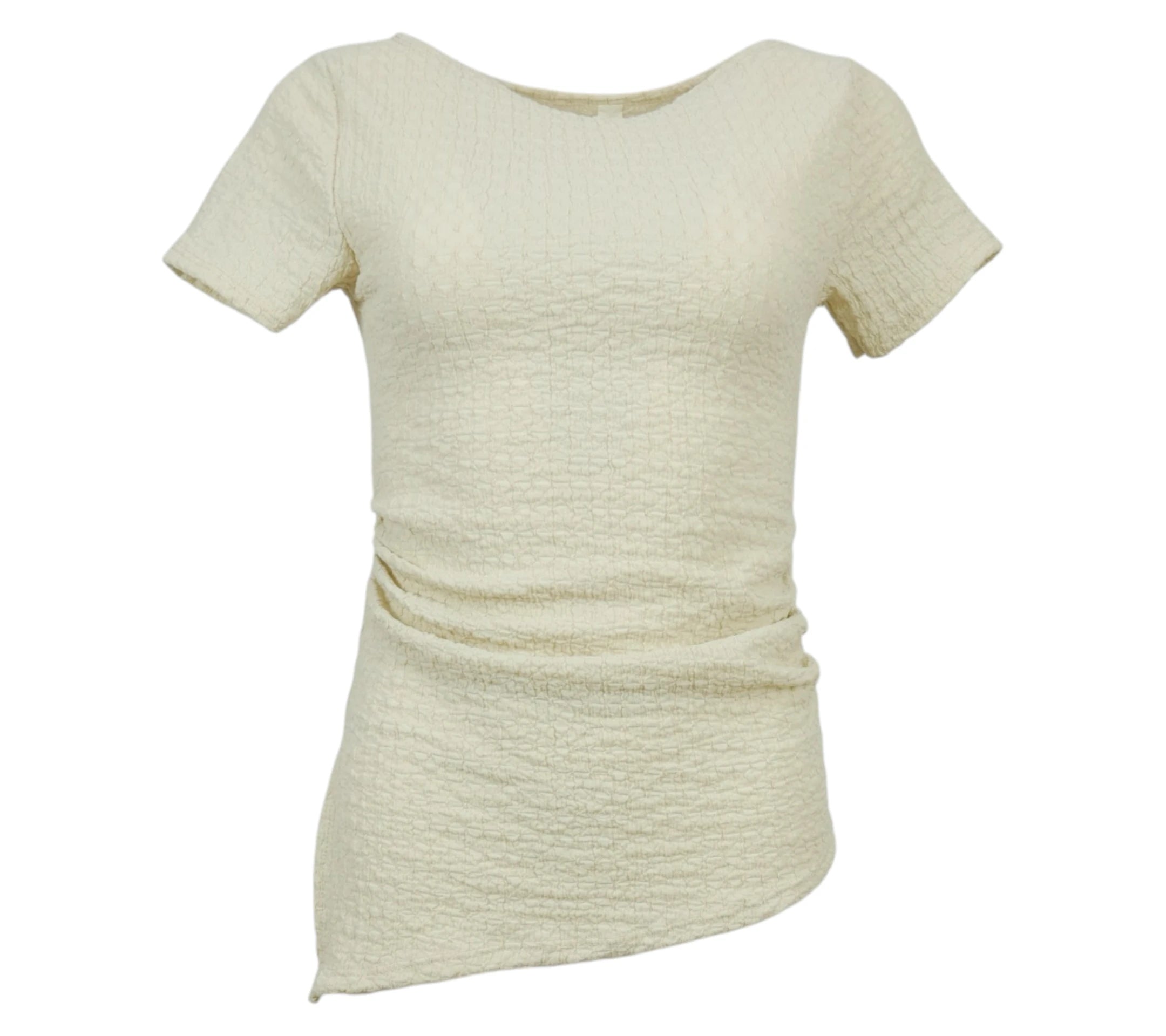 top fruncido beige mujer manga corta
