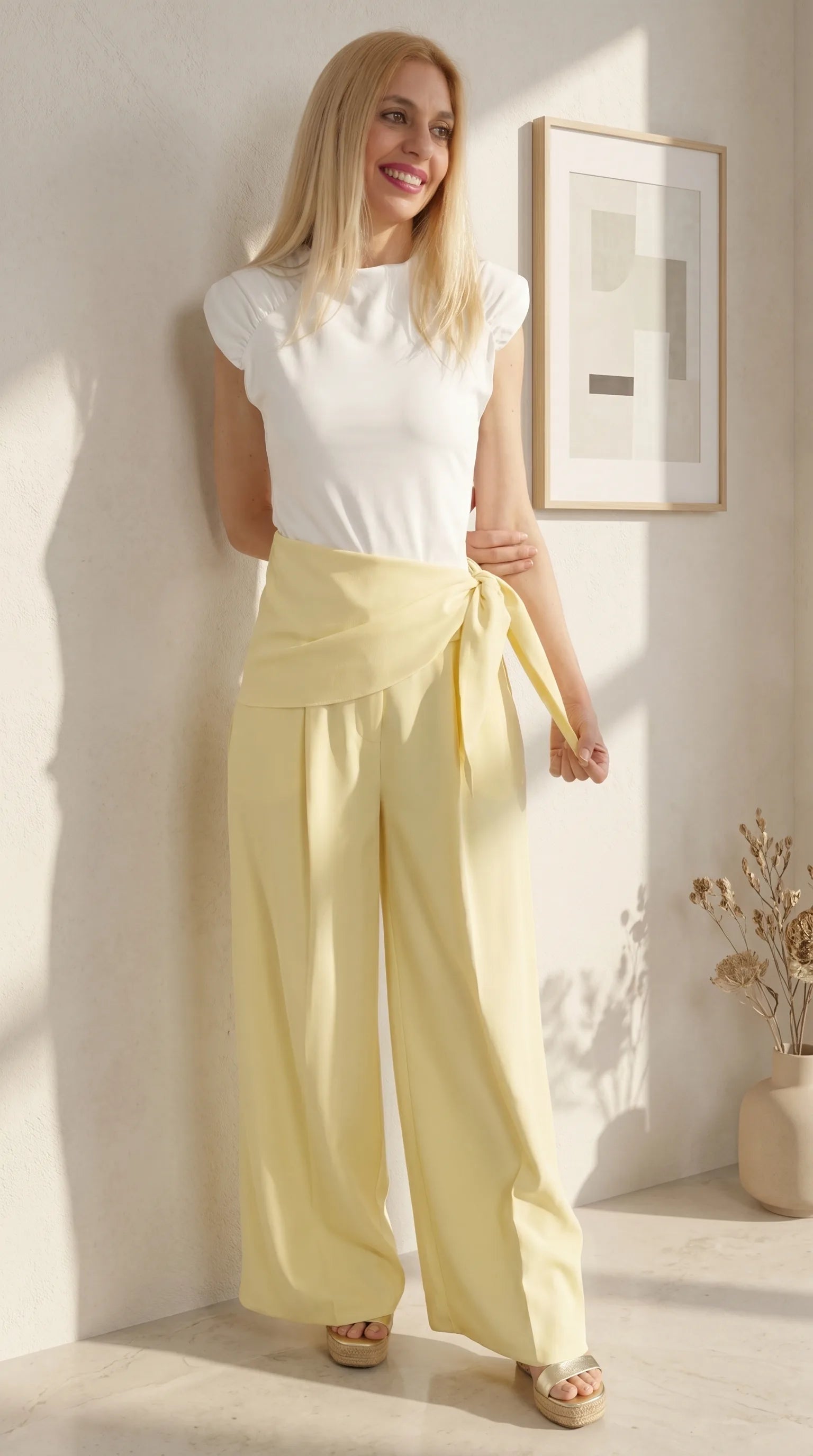 Look de Pantalón Pañuelo amarillo con lazada lateral con top blanco liso