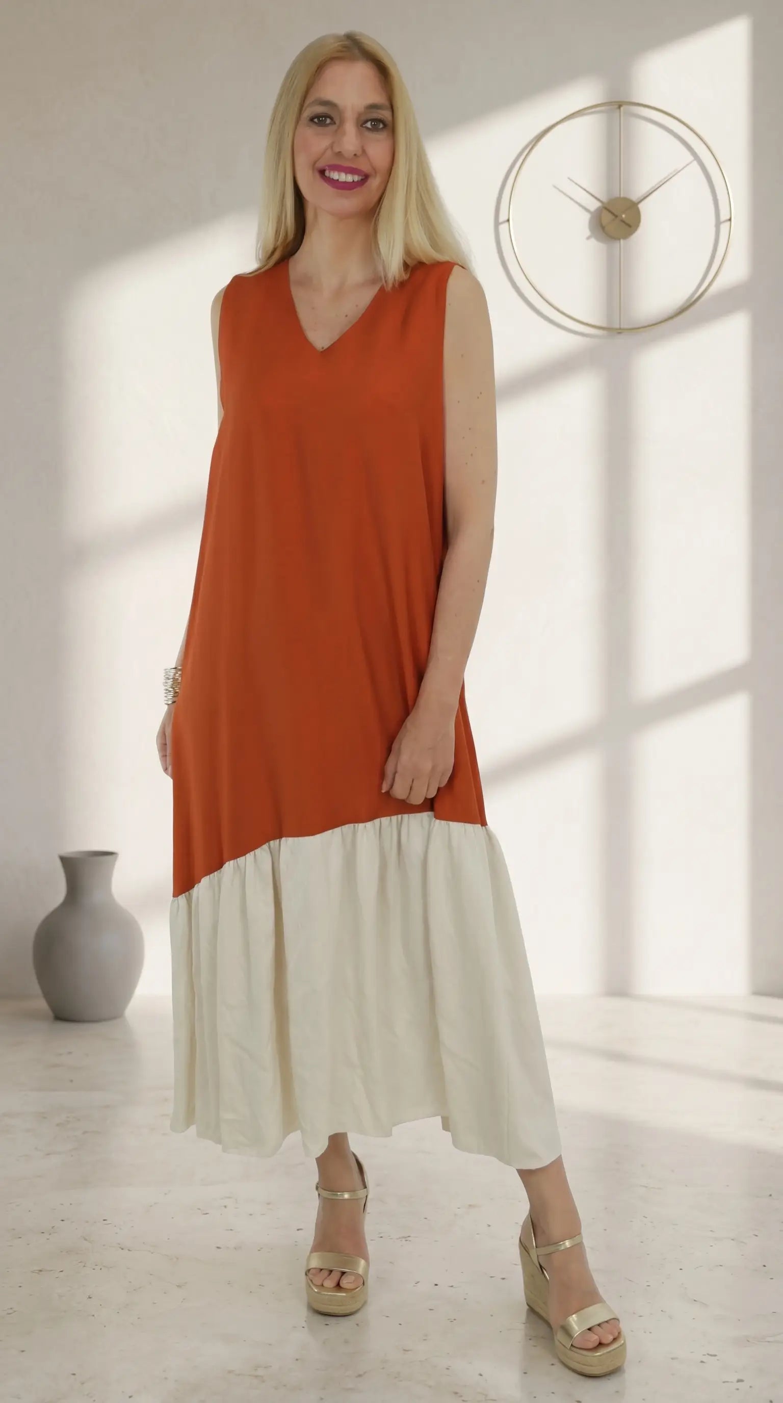 Vestido largo bicolor caldera y beige fluido mujer