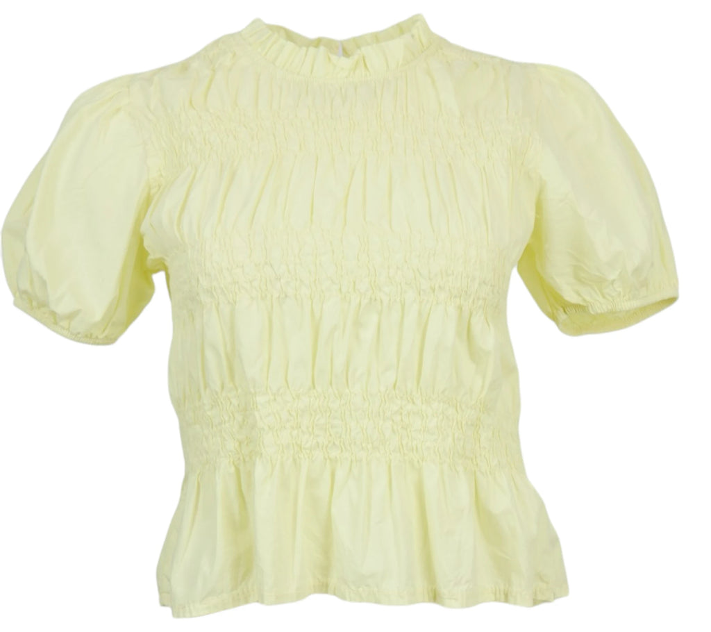 Blusa fruncida mujer amarilla manga abullonada