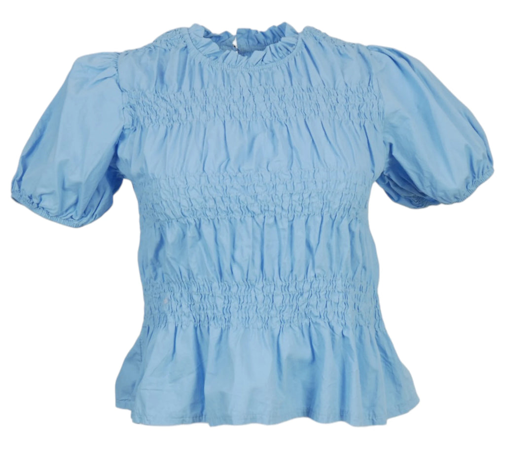 Blusa fruncida mujer celeste cuello cerrado