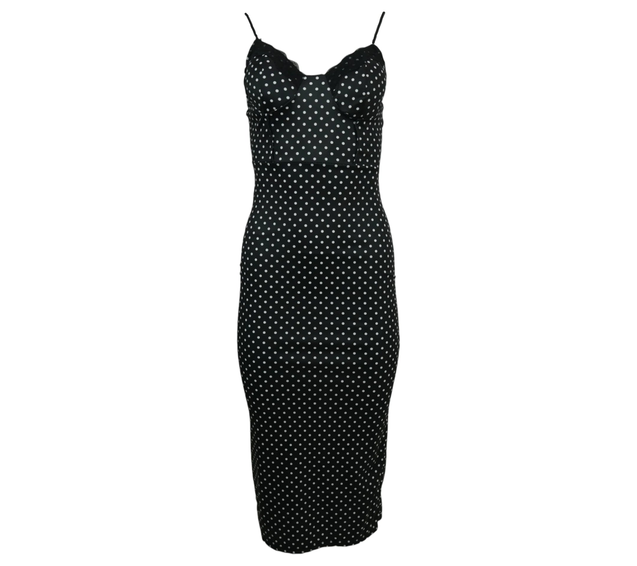 vestido lunares encaje negro ajustado mujer