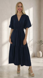 Look del Vestido Farol mujer azul marino escote cruzado midi