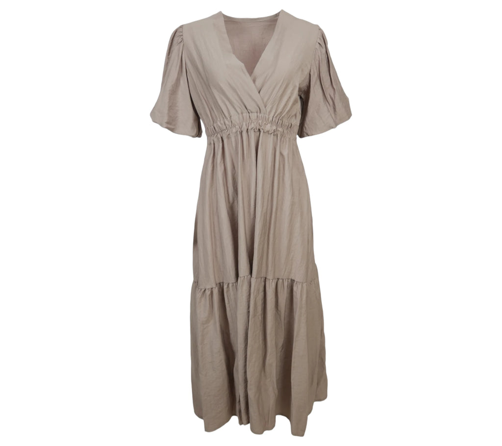 Vestido Farol mujer taupe cintura fruncida midi