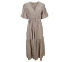 Vestido Farol mujer taupe cintura fruncida midi