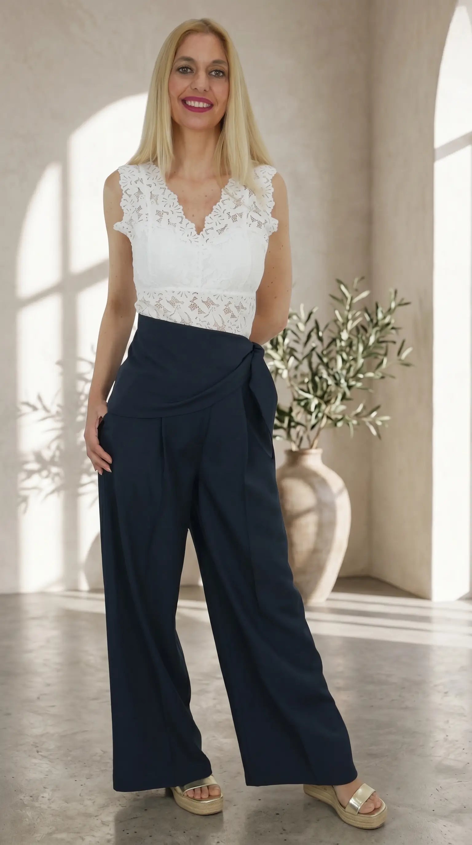Look de Top de encaje blanco con escote en pico y acabado floral y pantalón pañuelo azul