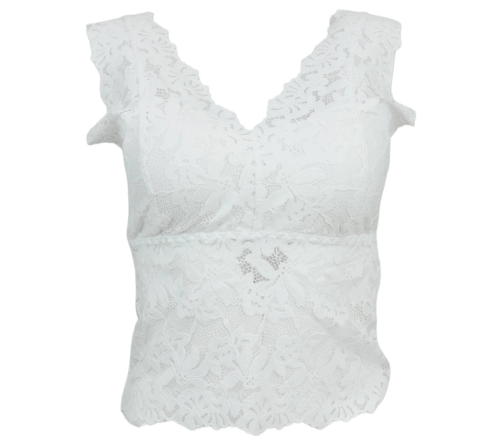 Top de encaje blanco con escote en pico y acabado floral