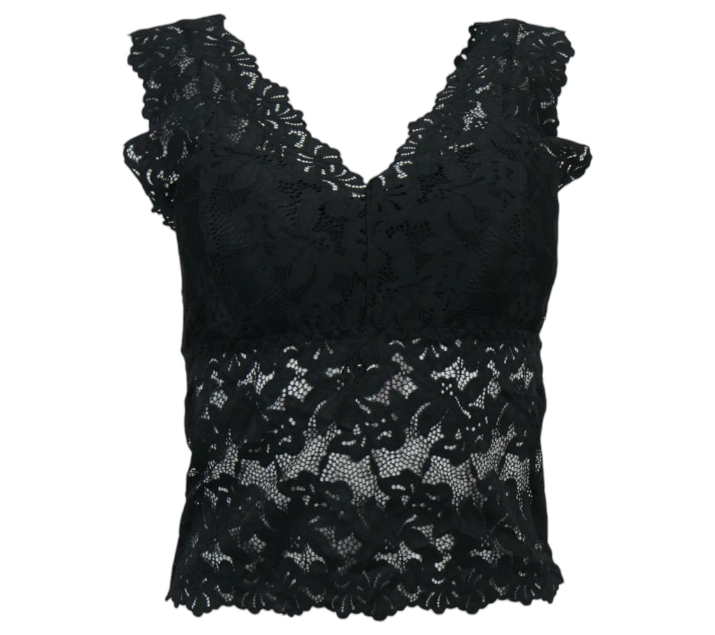 Top de encaje negro con diseño floral y ajuste ceñido