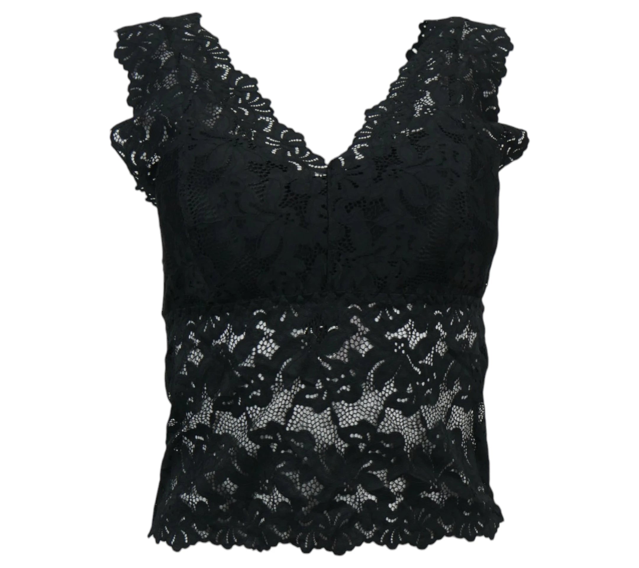 Top de encaje negro con diseño floral y ajuste ceñido