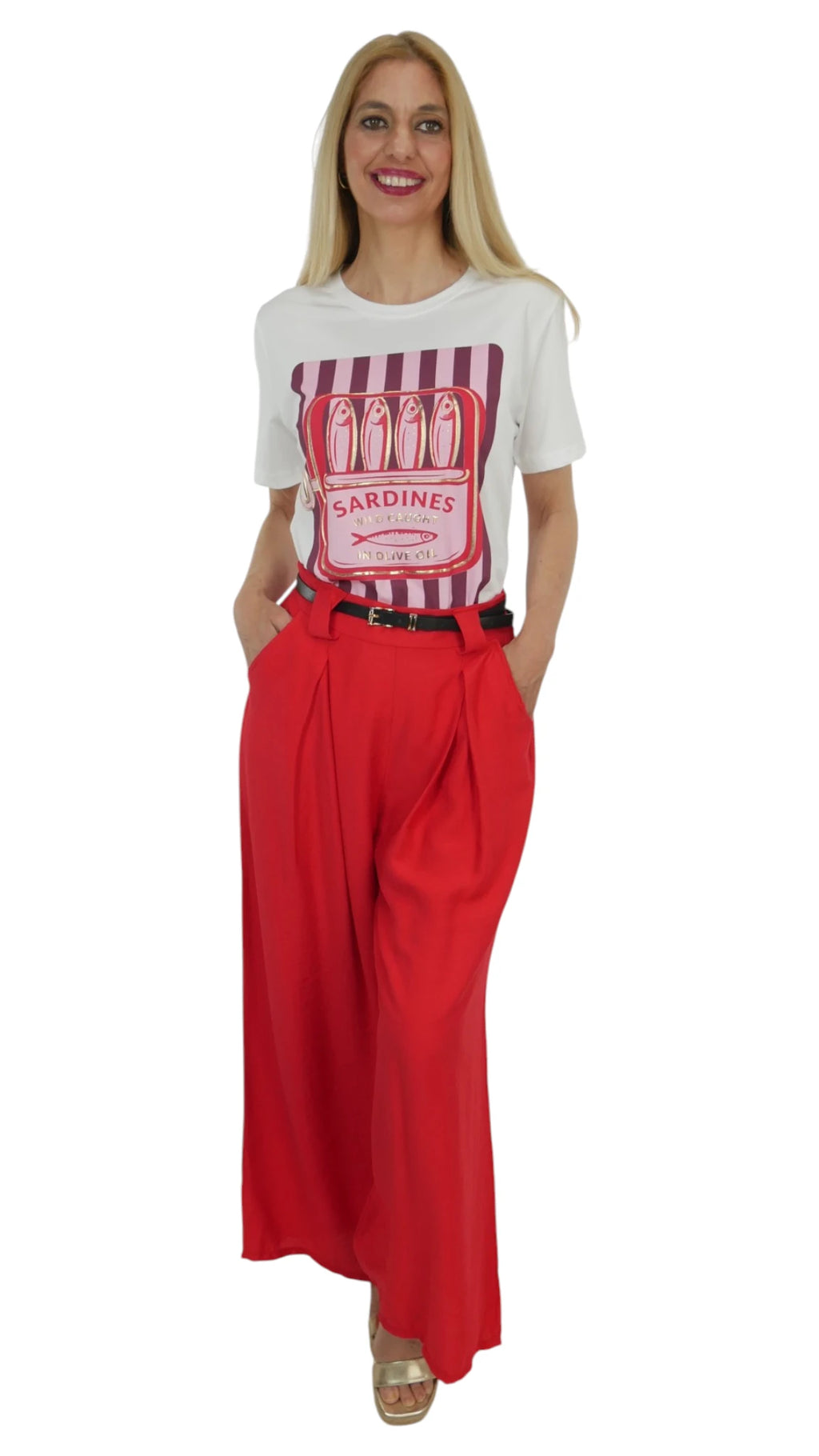 camiseta blanca mujer estampado sardinas fucsia algodón