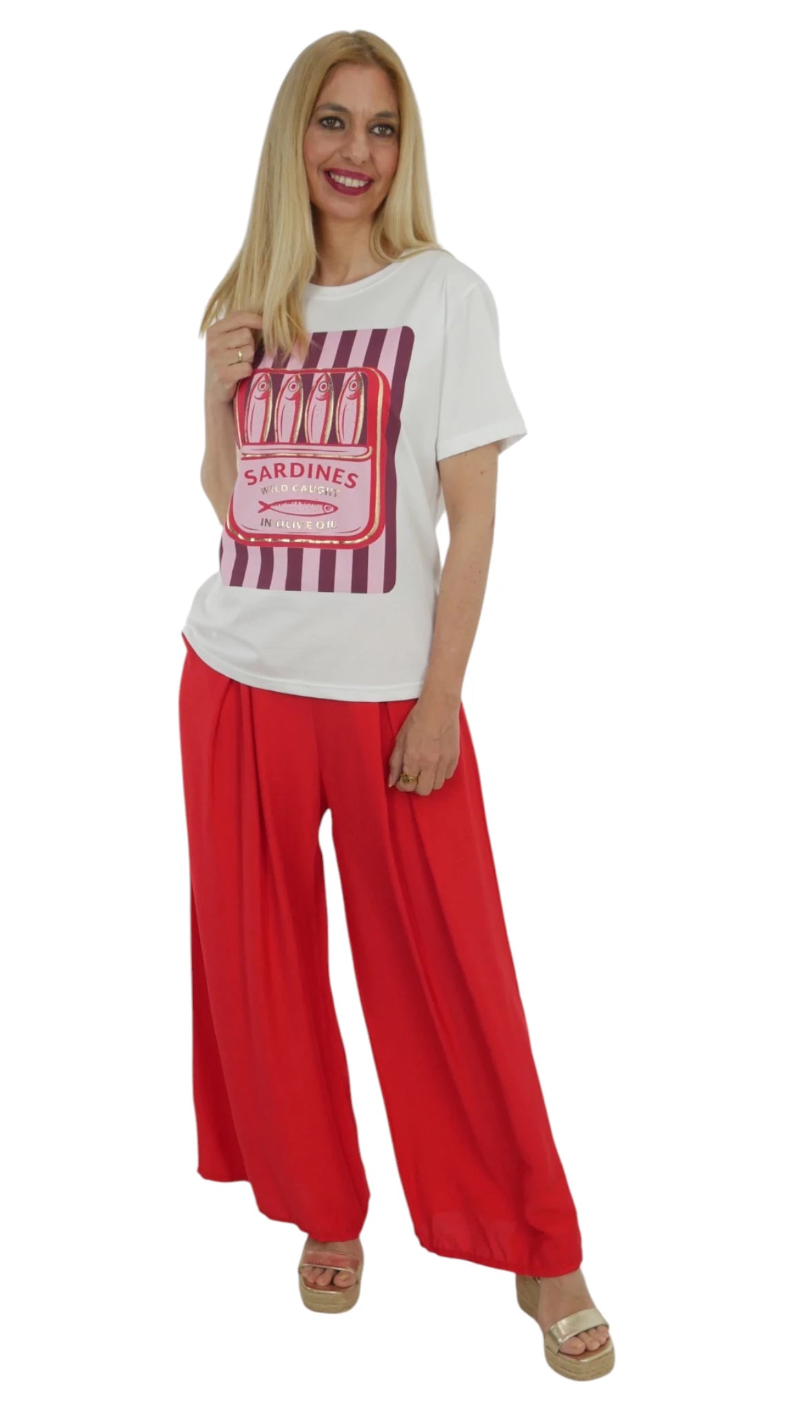 camiseta blanca mujer estampado sardinas fucsia algodón