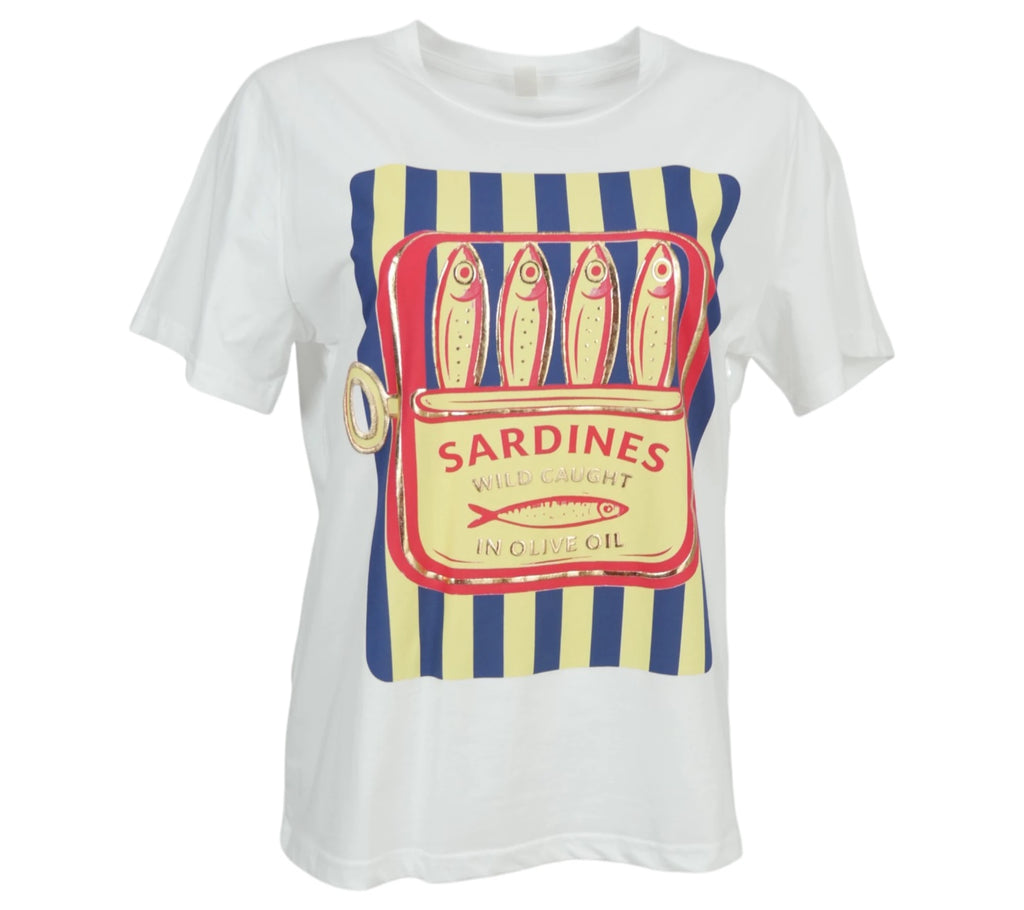 camiseta blanca mujer estampado sardinas azul algodón
