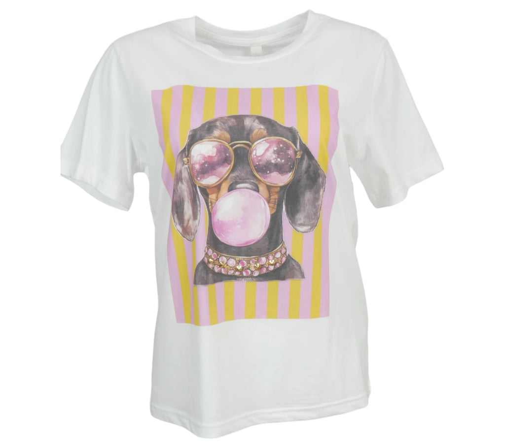 camiseta blanca mujer estampado perro gafas colores