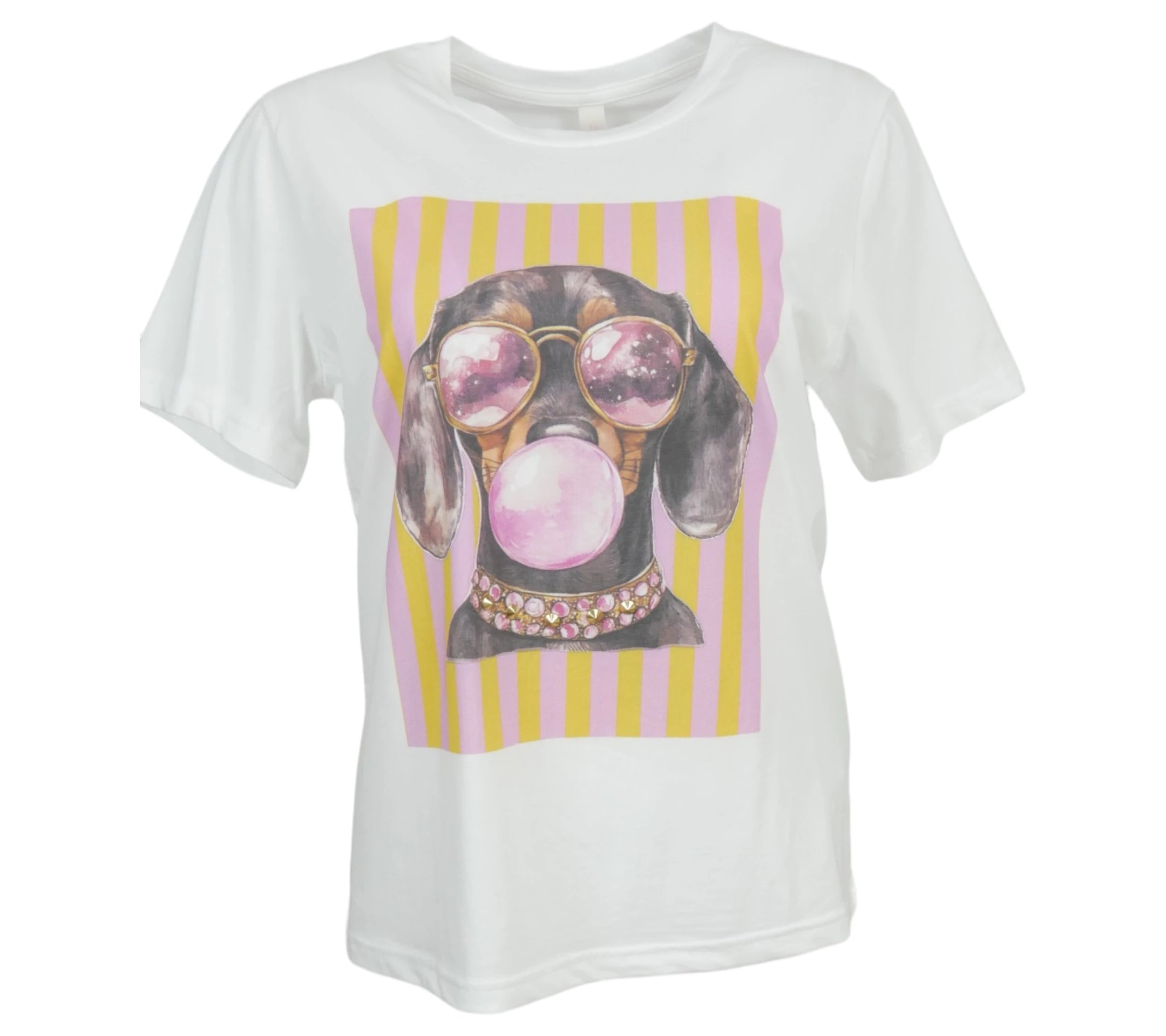 camiseta blanca mujer estampado perro gafas colores