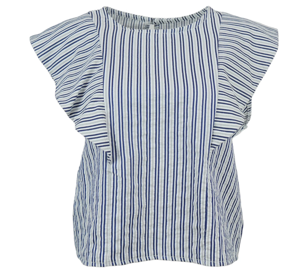 Blusa de rayas azul marino con detalle de volante