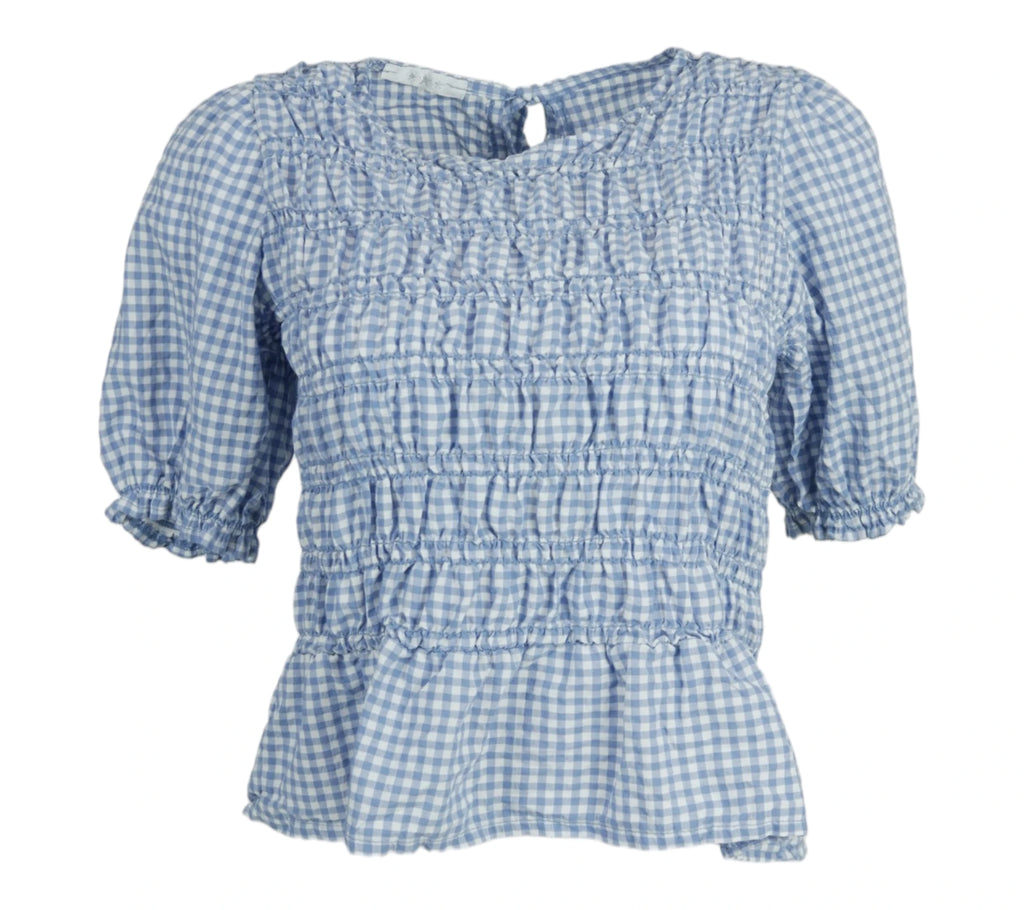 blusa vichy fruncida celeste manga corta mujer