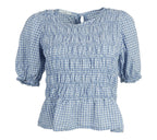 blusa vichy fruncida celeste manga corta mujer