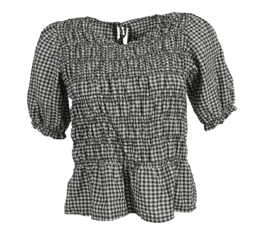blusa vichy fruncida marron con volante mujer
