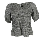 blusa vichy fruncida marron con volante mujer