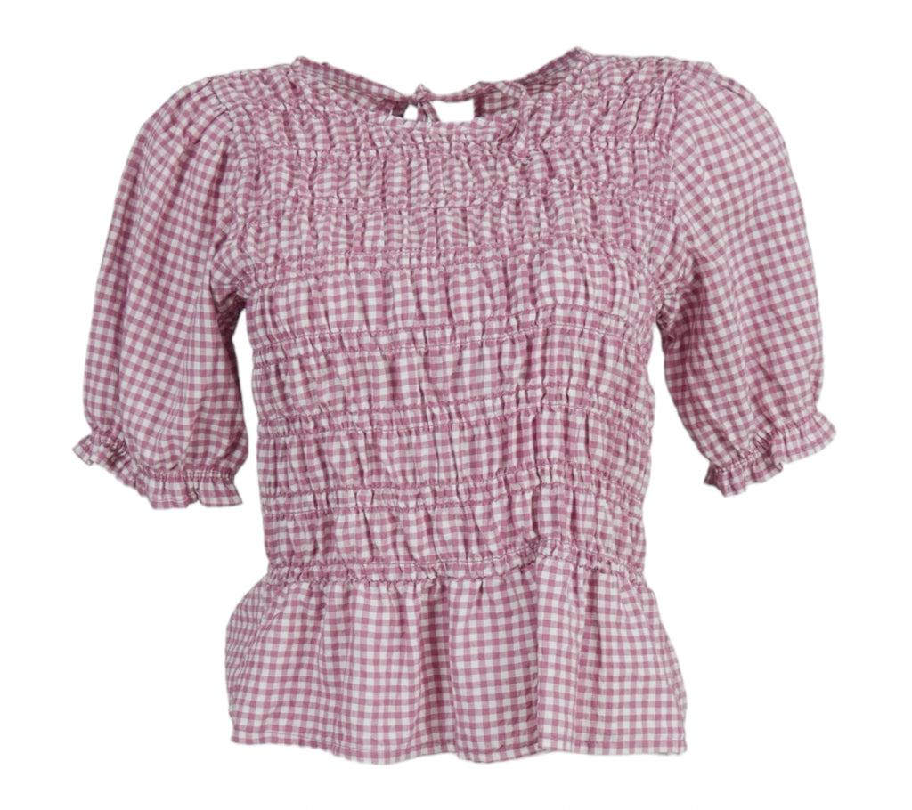 blusa vichy fruncida rosa manga abullonada mujer