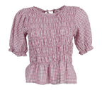 blusa vichy fruncida rosa manga abullonada mujer