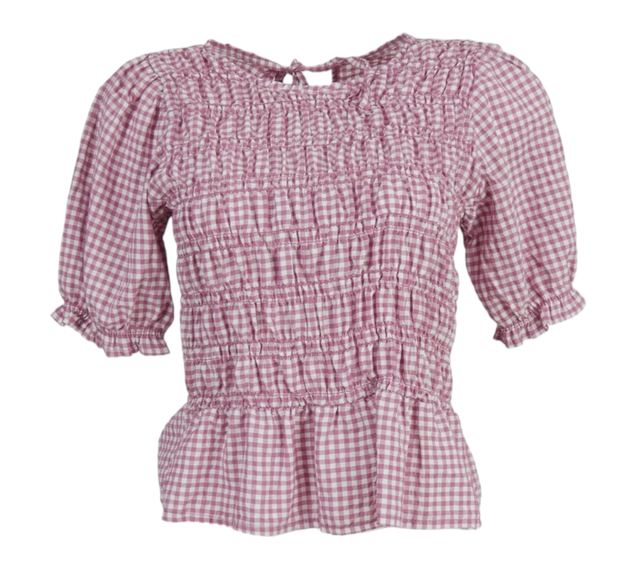 blusa vichy fruncida rosa manga abullonada mujer