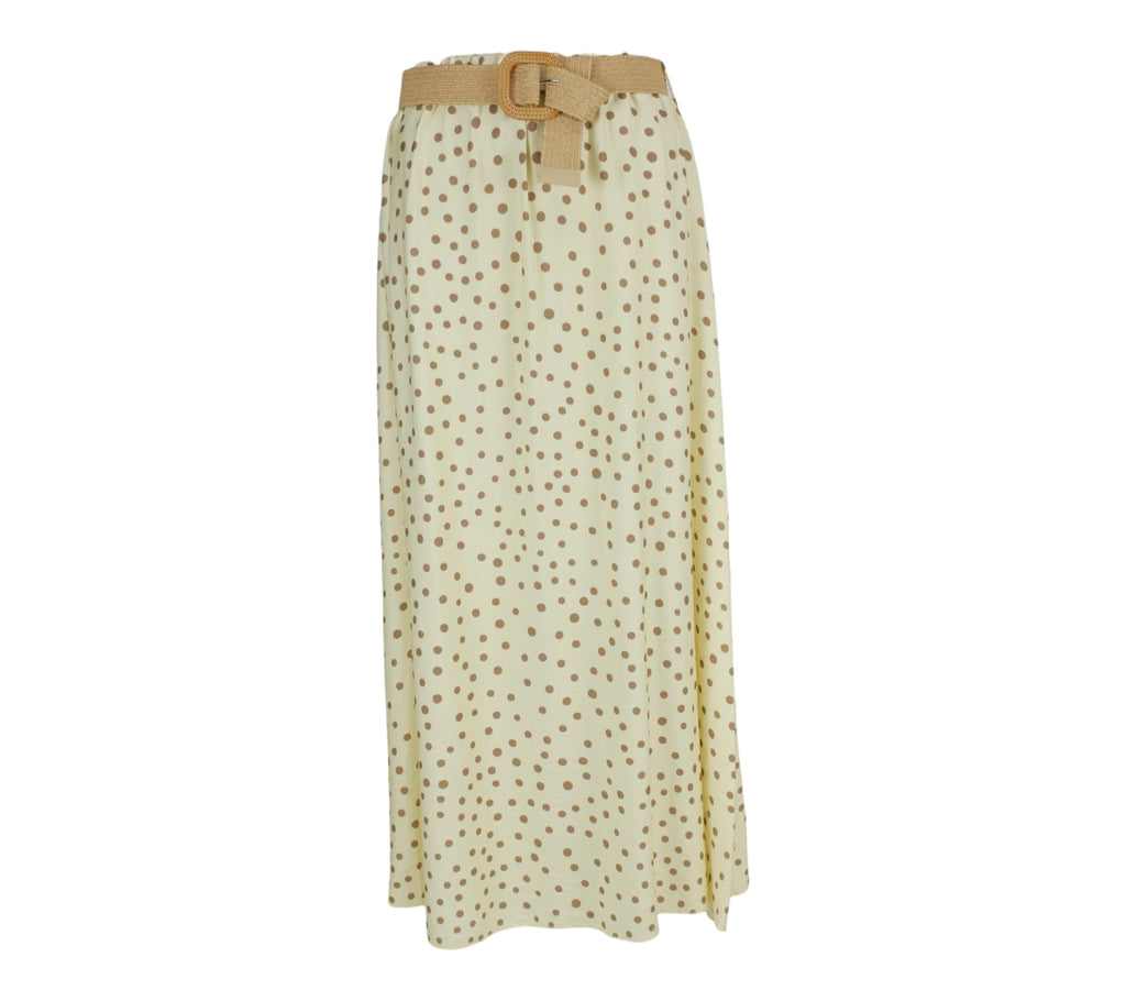 Falda midi fluida amarilla con lunares y cinturón rafia