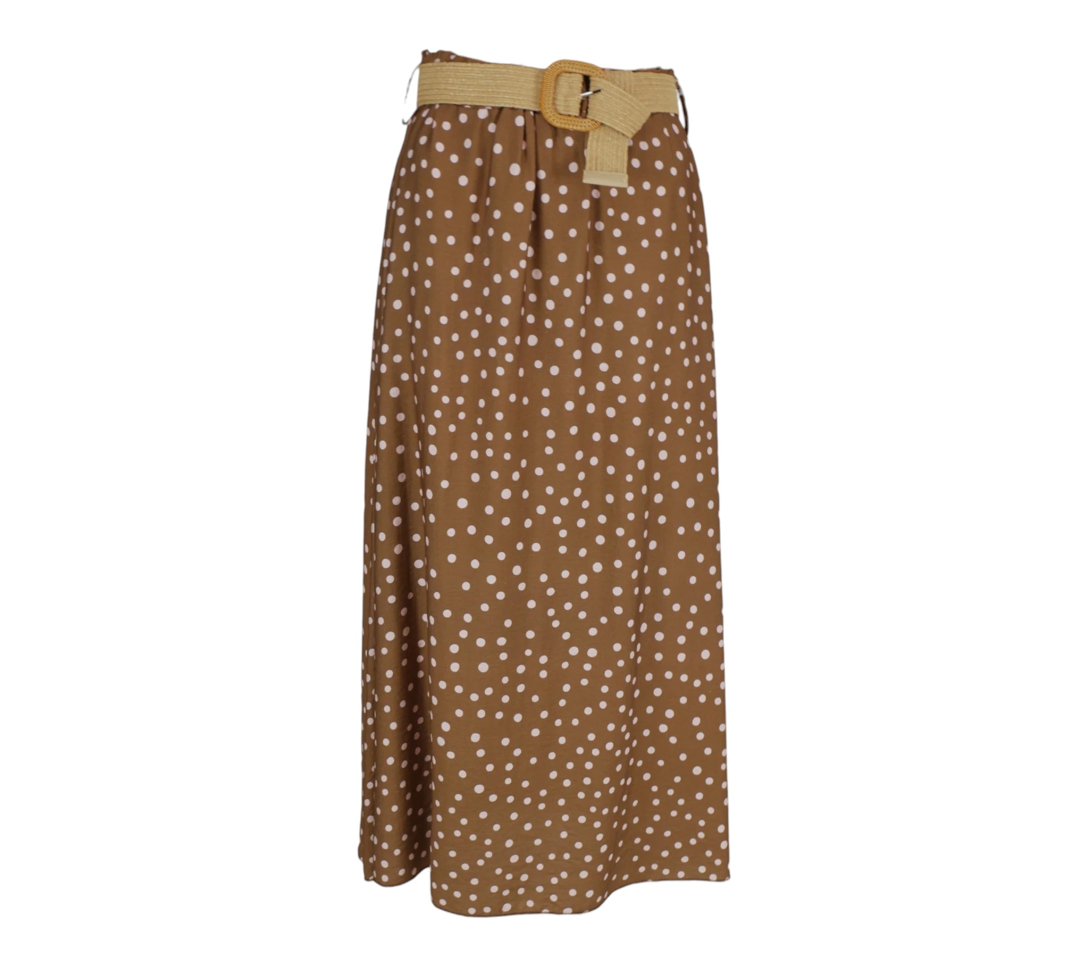 Falda midi fluida marrón con lunares y cinturón rafia