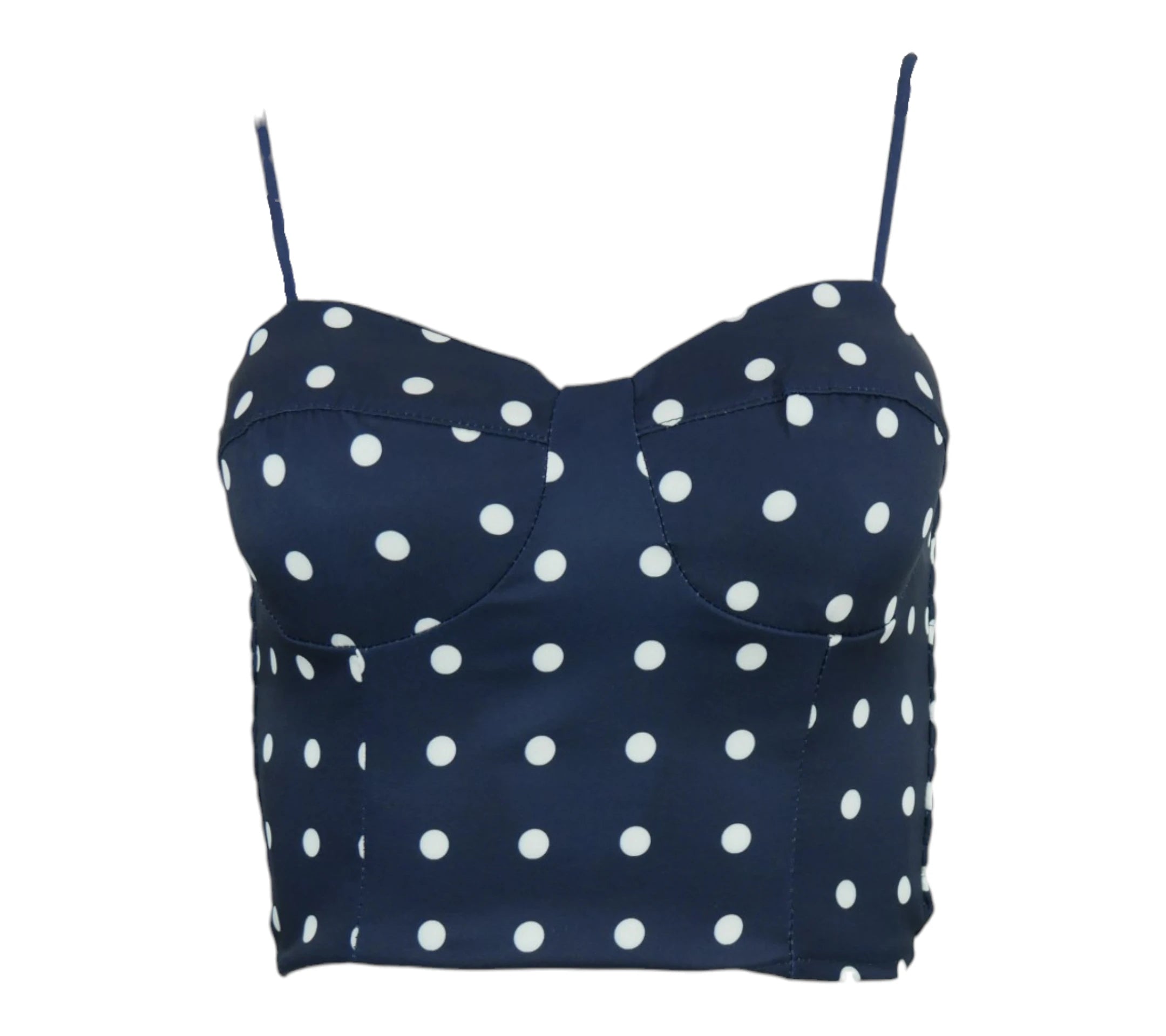 Top de tirantes tipo corset azul marino con lunares blancos