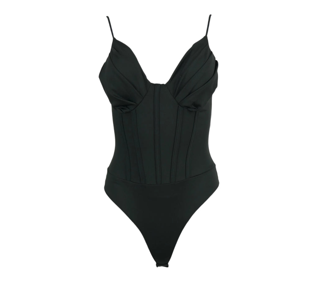 Body efecto corset negro ajustado con diseño estructurado y elegante