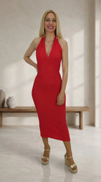 Vestido halter ajustado rojo intenso mujer