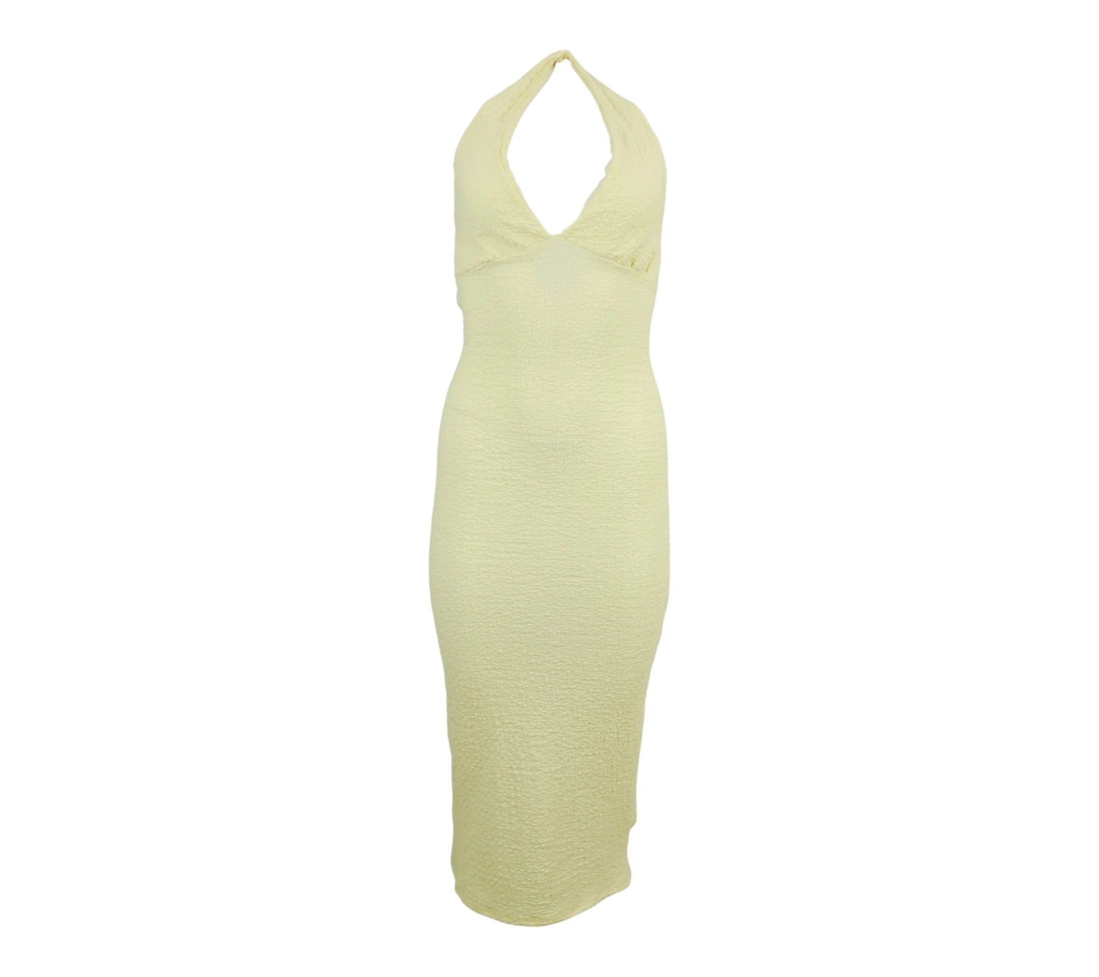 Vestido halter ajustado amarillo textura mujer