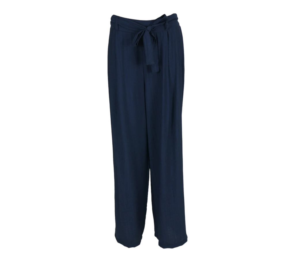 Pantalón fluido mujer azul marino con cinturón lazada