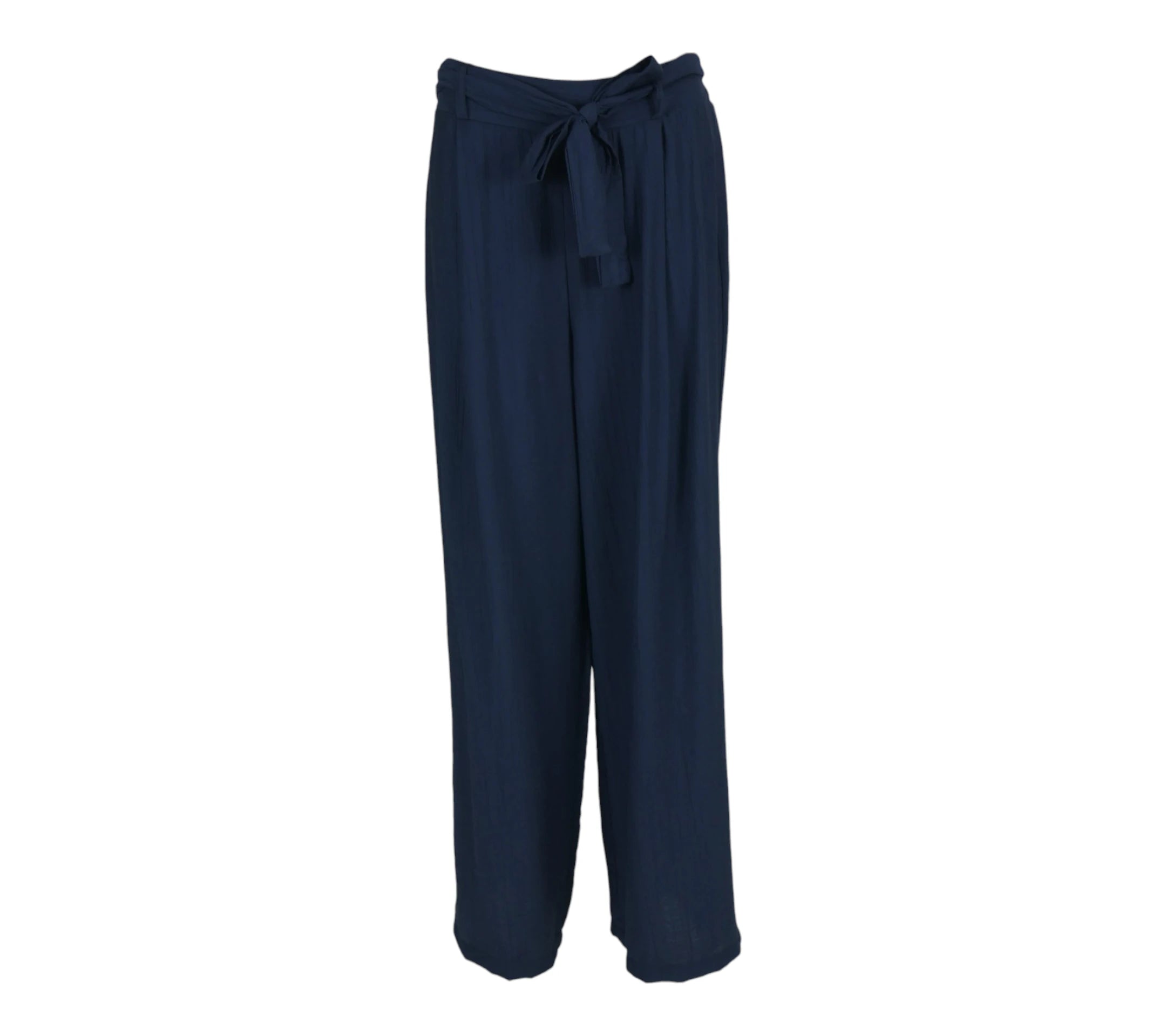 Pantalón fluido mujer azul marino con cinturón lazada