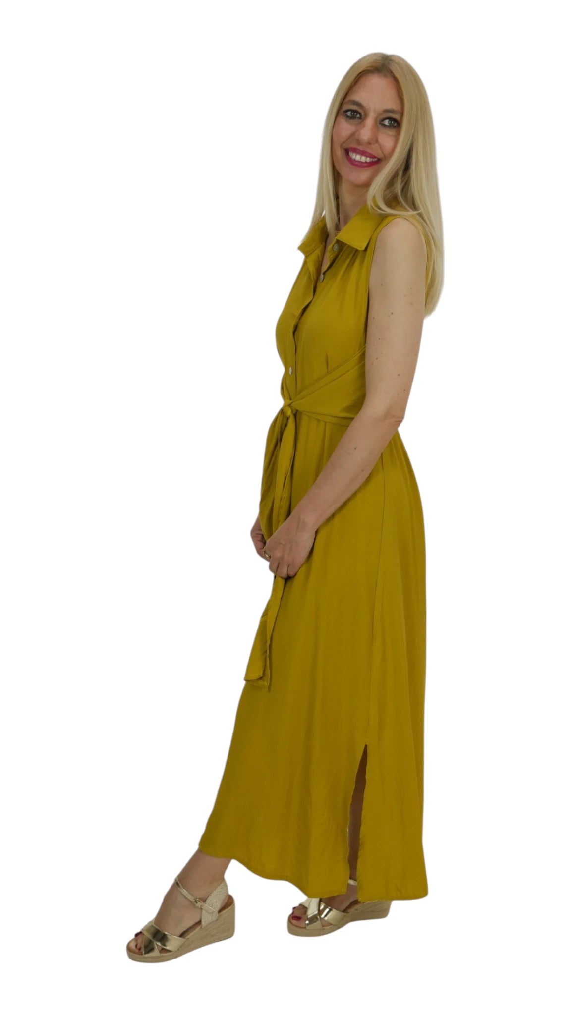 Vestido lazo mujer mostaza con lazo ajustable y caída ligera
